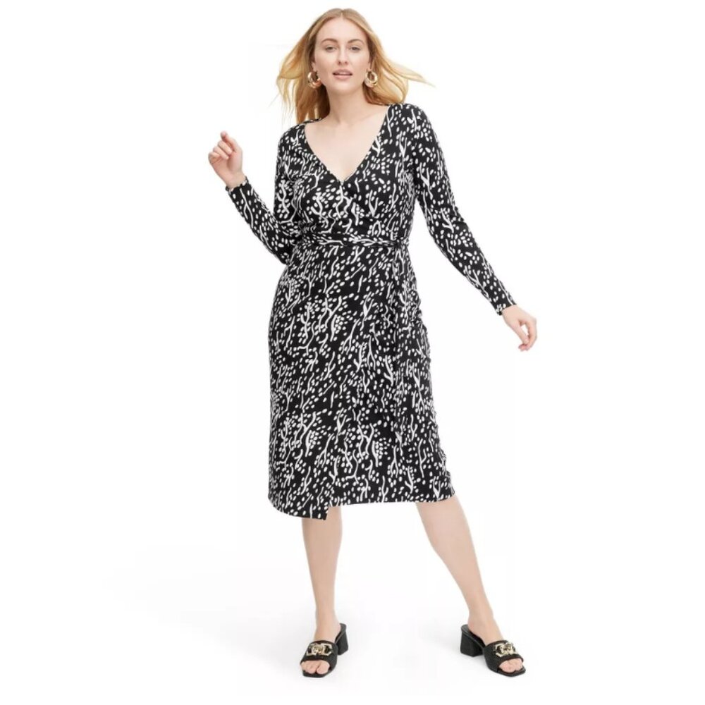 NWT Women's Long Sleeve Midi Sea Spots Black Wrap Dress - DVF for Target
